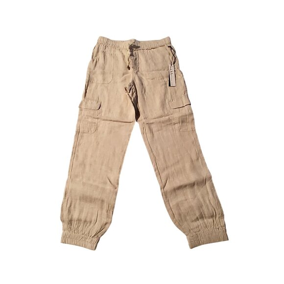 Vadaa Pants - Linen Cargo Jogger Pants With Elastic Waist & Pockets Beige Lightweight Size L